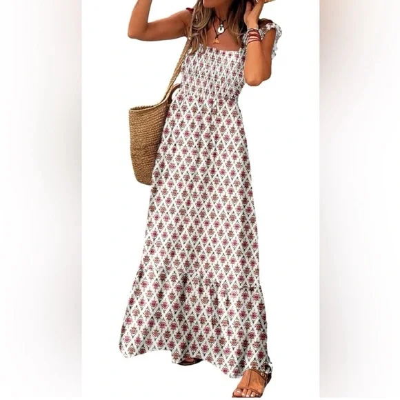 Floral Print Maxi Prairie Vibe Sundress Yoked Ruffled Size L New - Picture 3 of 12